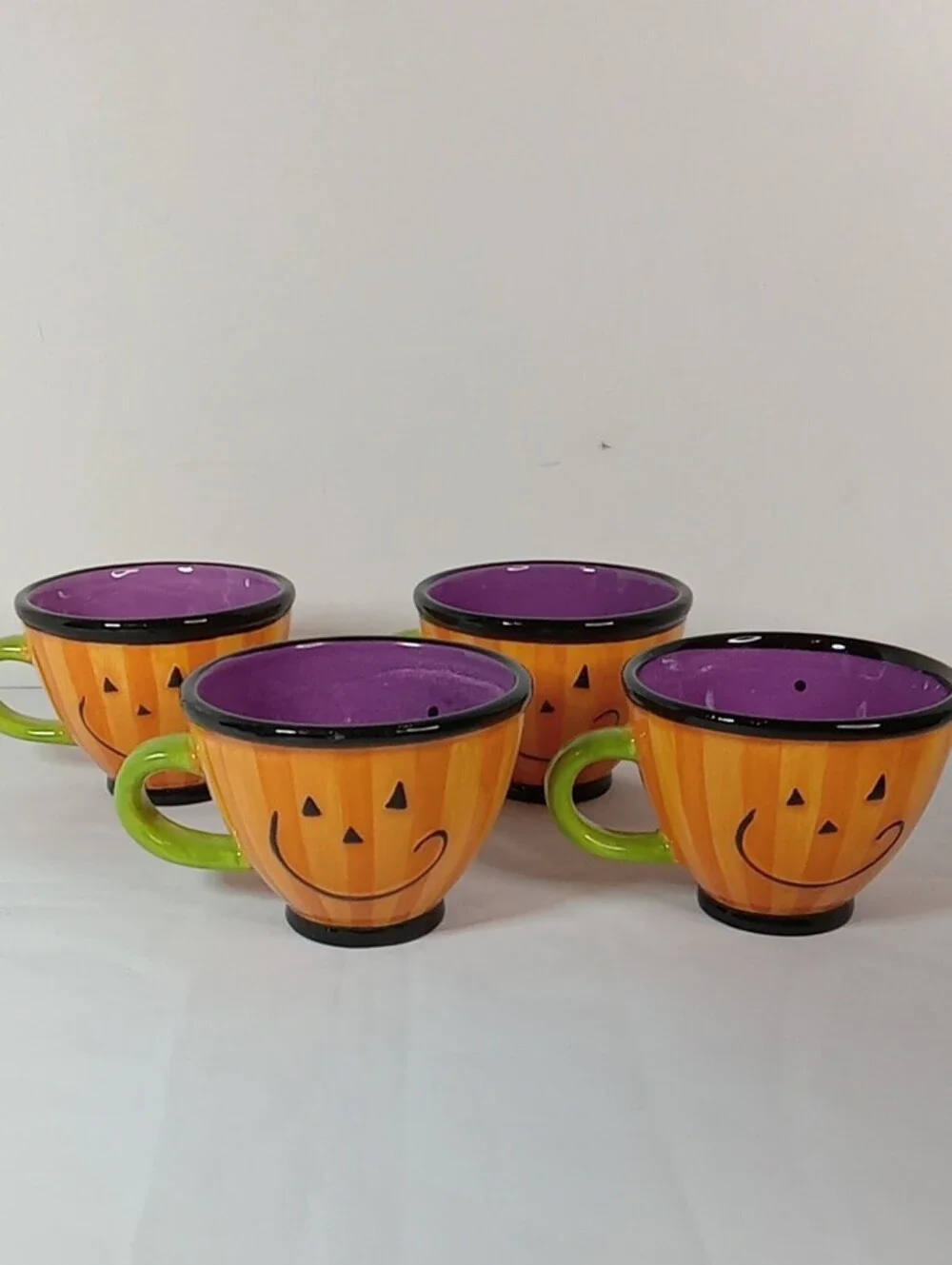 Halloween Pumpkin Ceramic Mugs Set of 4 - Orange with Green Handles